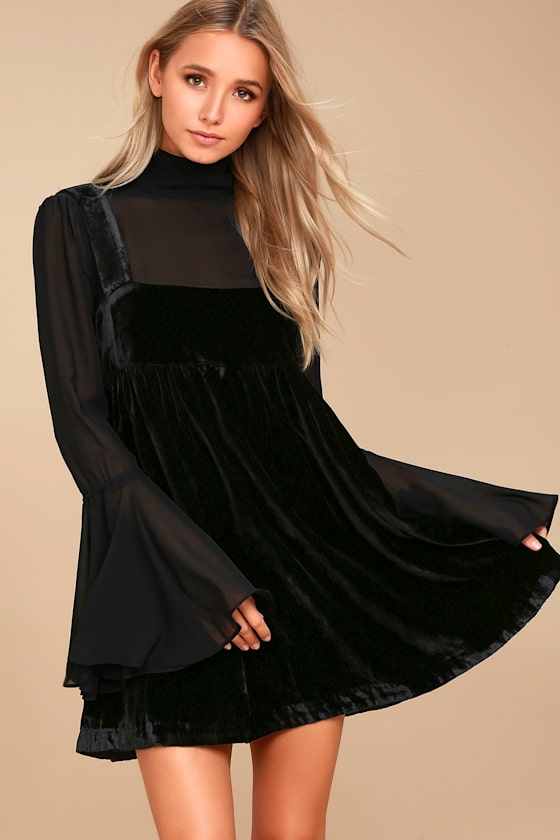 Free People Counting Stars Black Velvet Babydoll Dress Lulus