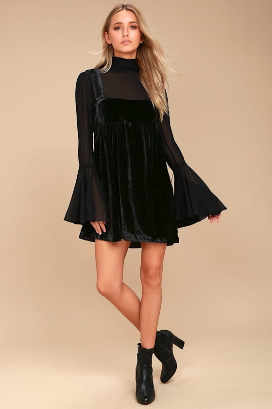 Free People Counting Stars Black Velvet Babydoll Dress Lulus