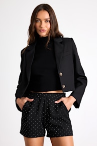 Doneia Black Tweed Rhinestone Mid-Rise Shorts 1