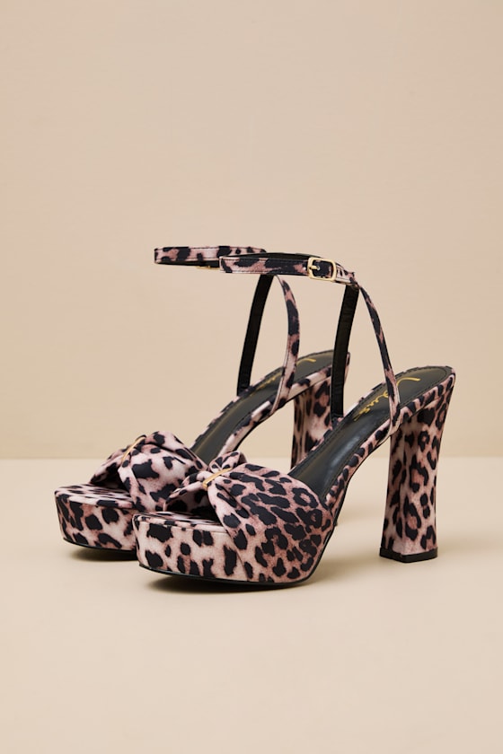 Purly Leopard Satin Platform High Heel Ankle Strap Sandals