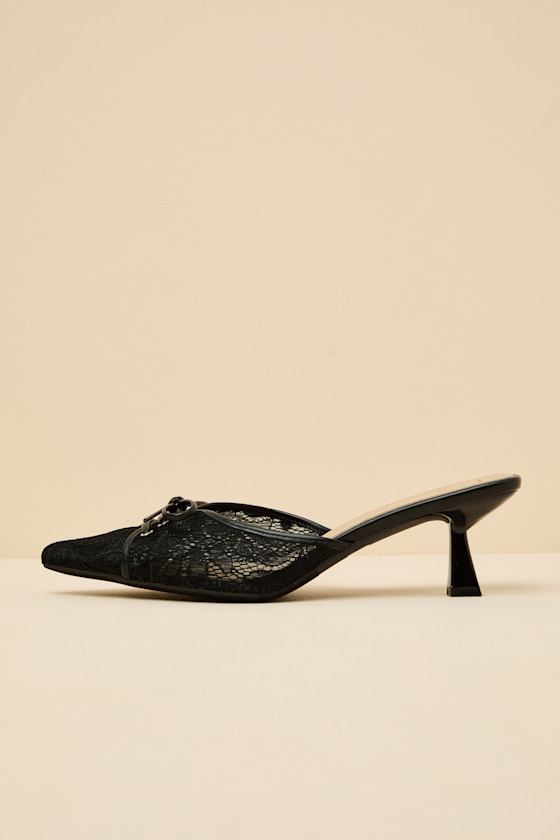 Lacey Black Lace Bow Kitten Heel Mule Pumps 1