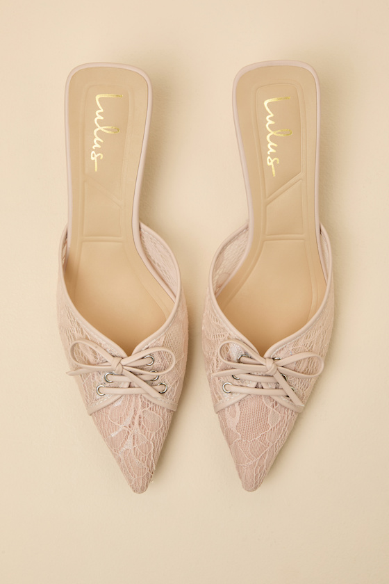 Lacey Blush Lace Bow Kitten Heel Mule Pumps 2