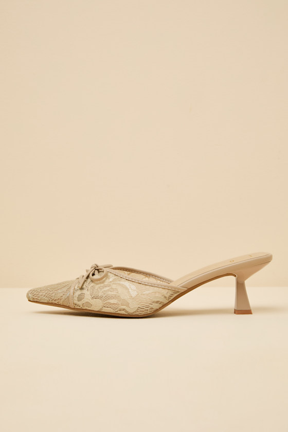 Lacey Light Nude Lace Bow Kitten Heel Mule Pumps