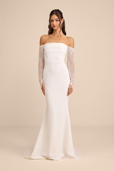 slim fit dress slacks Jovani Bridal JB02579 Size 8 Long Sleeve Lace Mermaid Wedding Dress Backless V Neck main image 1