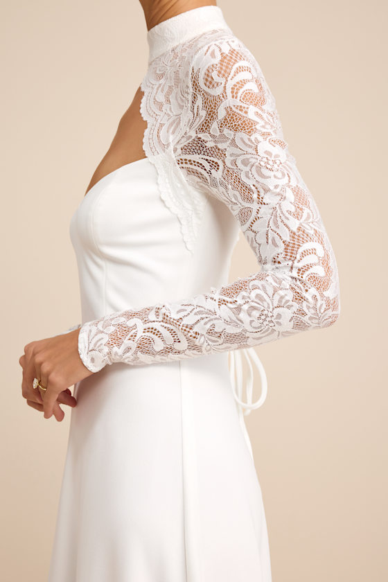 White Lace Sleeve Gown - Mock Neck Gown - A-line Bridal Gown - Lulus