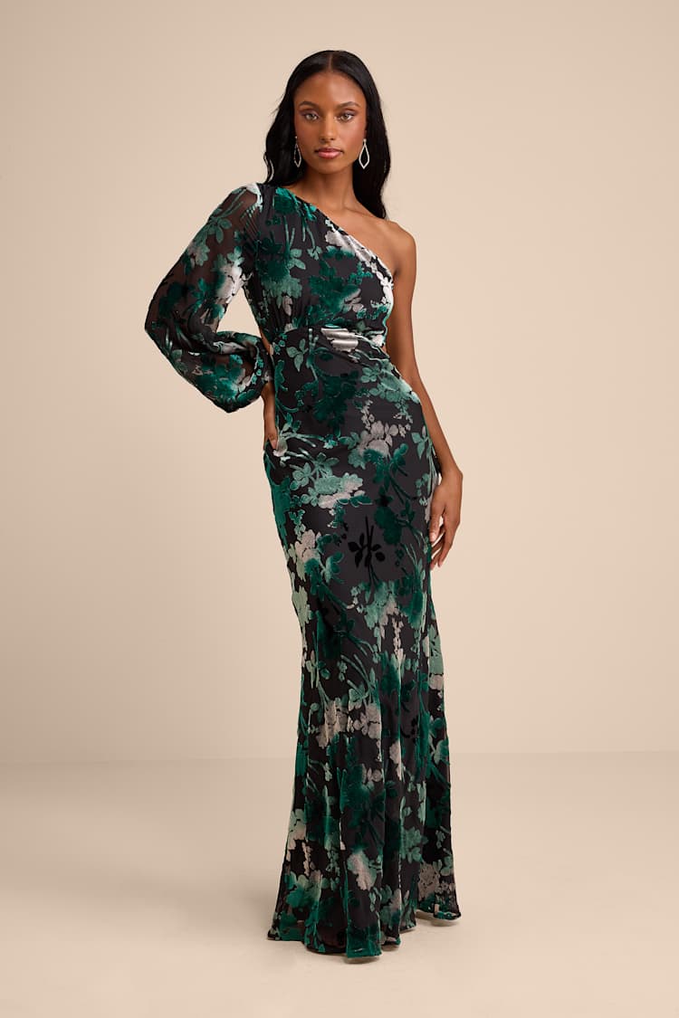 Lulus | Black Multi Floral Burnout One-Shoulder Maxi Dress | Womens | X-Large (Available in XS, S, M, L) | 100% Polyester