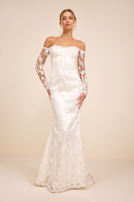 Lucina White Embroidered Bustier Long Sleeve Maxi Dress 1