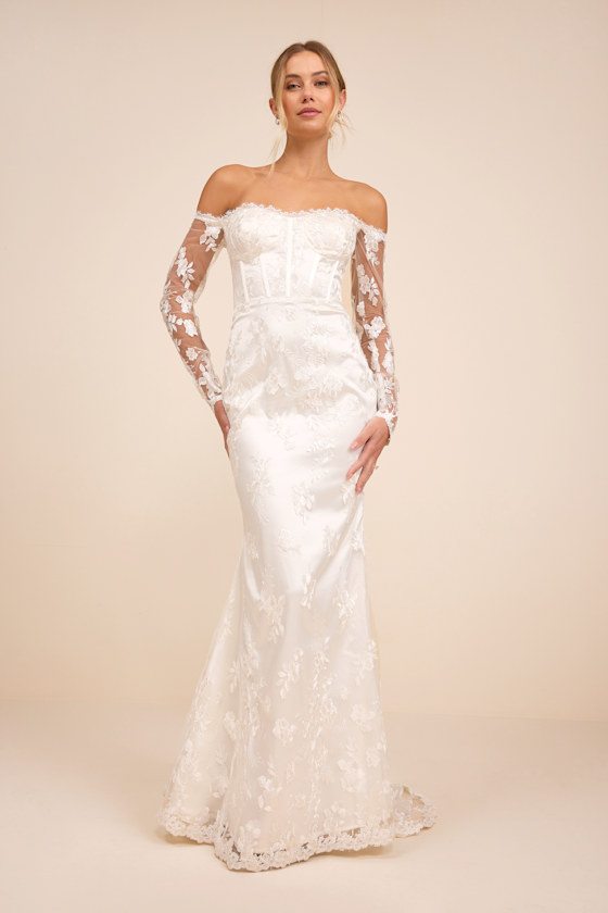 Lucina White Embroidered Bustier Long Sleeve Maxi Dress 1