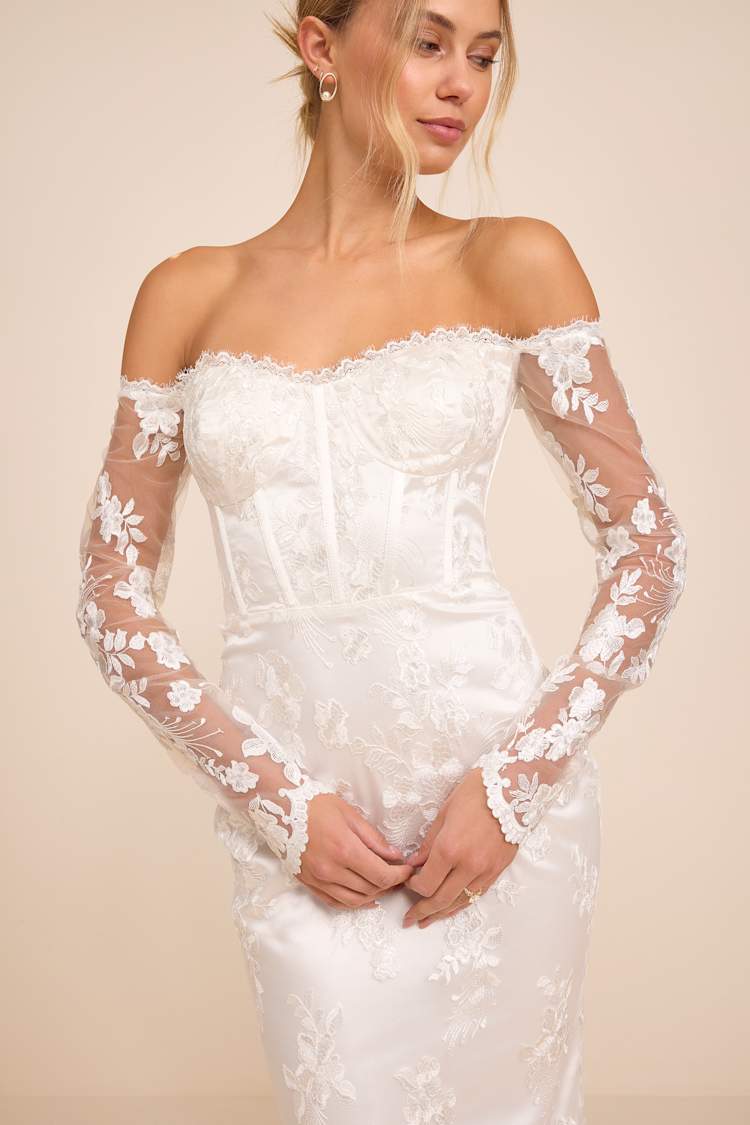 White Embroidered Bustier Long Sleeve Maxi Dress | Womens | X-Small (Available in S, L) | Polyester/Spandex/Nylon | Lulus
