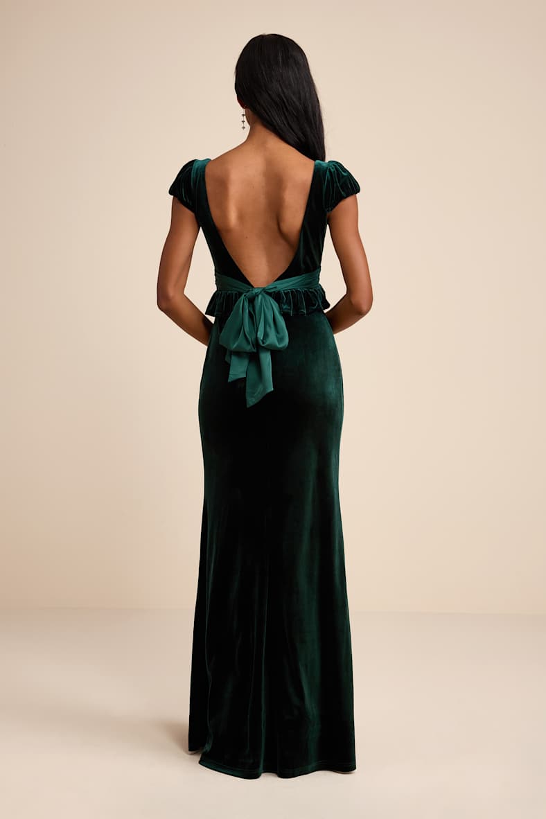 Romari Emerald Velvet Ruffled Puff Sleeve Bow Maxi Dress