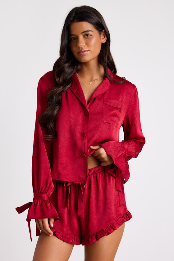 Kelda Dark Red Satin Ruffled Two-Piece Pajama Set