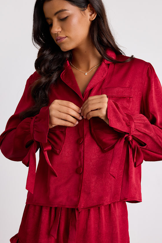 Kelda Dark Red Satin Ruffled Two-Piece Pajama Set 2