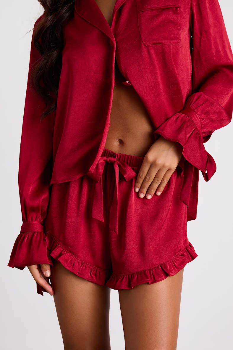 Kelda Dark Red Satin Ruffled Two-Piece Pajama Set