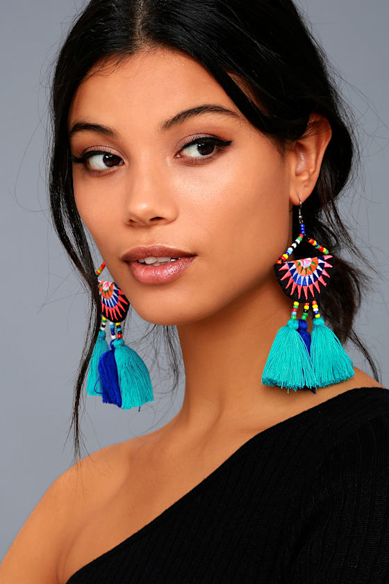 Endless Light Turquoise Beaded Tassel Earrings 2