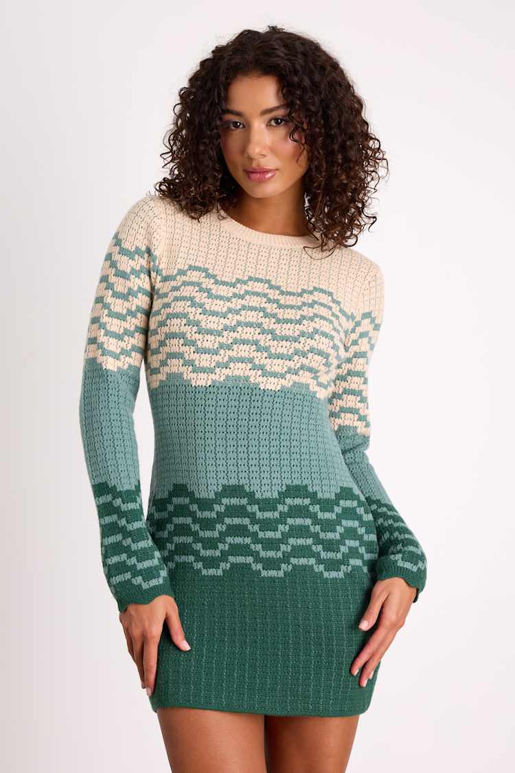 Green & Beige Color Block Dress - Sweater Dress - Mini Dress
