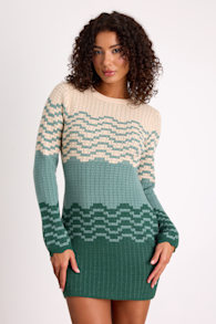 Amabel Dark Green and Beige Color Block Sweater Mini Dress 1
