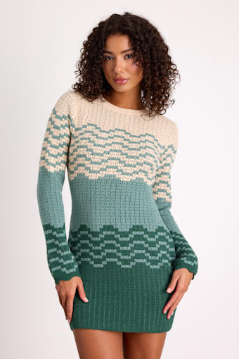Amabel Dark Green and Beige Color Block Sweater Mini Dress 1