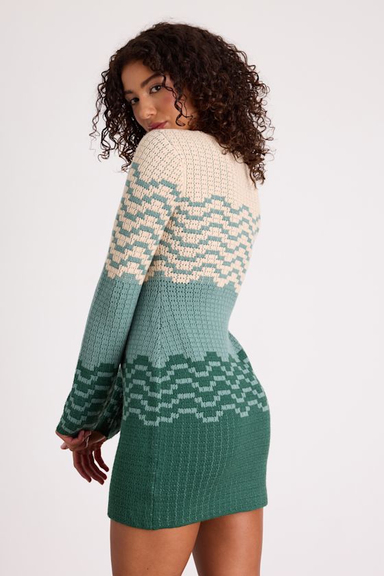 Amabel Dark Green and Beige Color Block Sweater Mini Dress 2