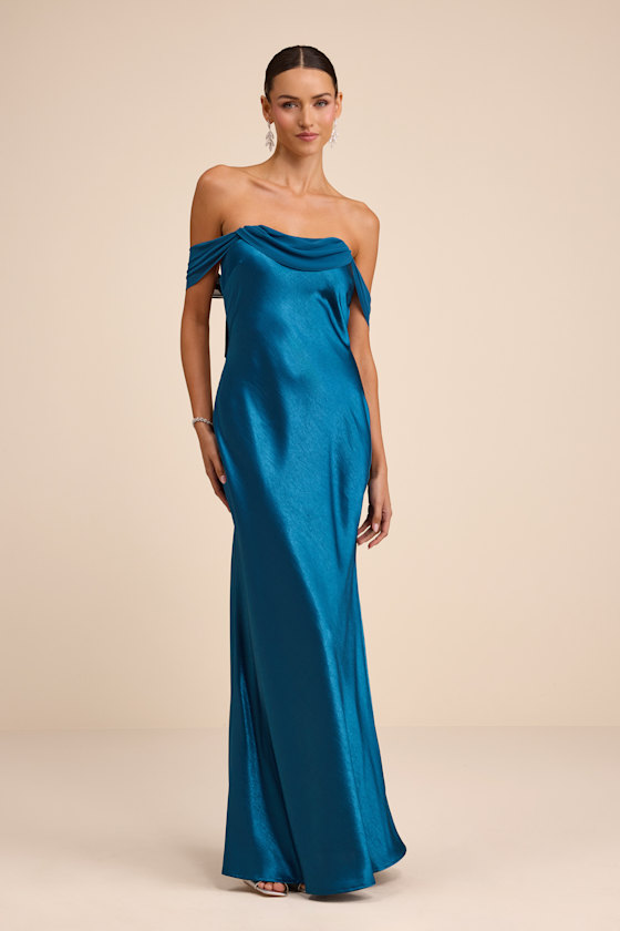 Alaida Teal Blue Satin Off-the-Shoulder Maxi Dress 1