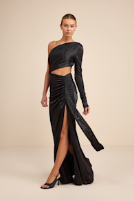 Demaria Black Slinky Knit Cutout One-Shoulder Mermaid Maxi Dress 5
