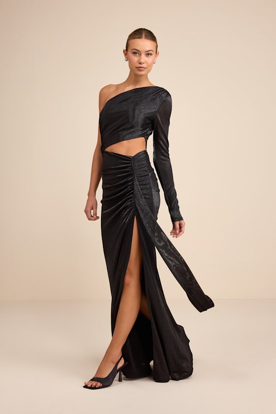 Demaria Black Slinky Knit Cutout One-Shoulder Mermaid Maxi Dress 5