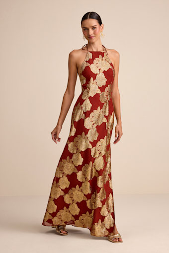 Brinley Rust and Gold Floral Jacquard Halter Maxi Dress 1