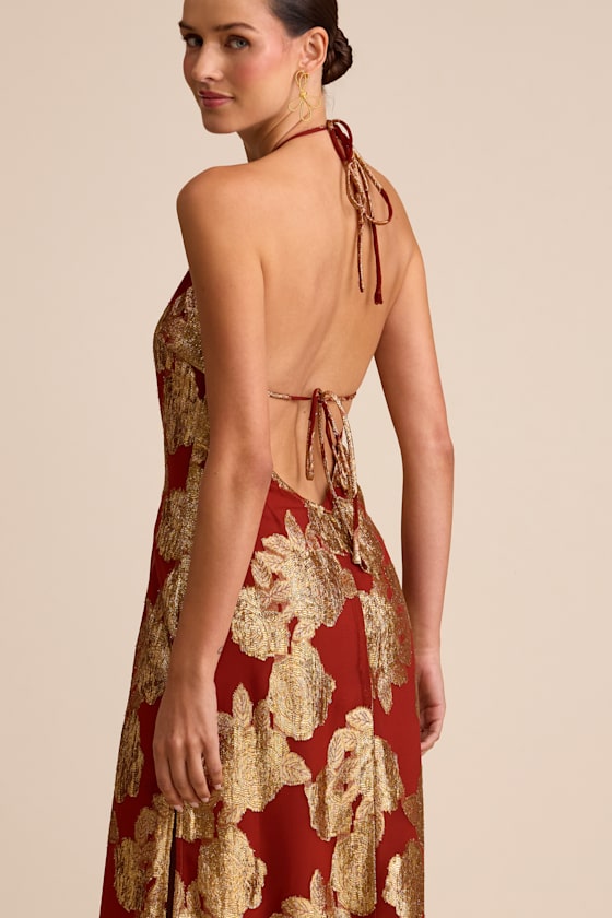 Brinley Rust and Gold Floral Jacquard Halter Maxi Dress 2