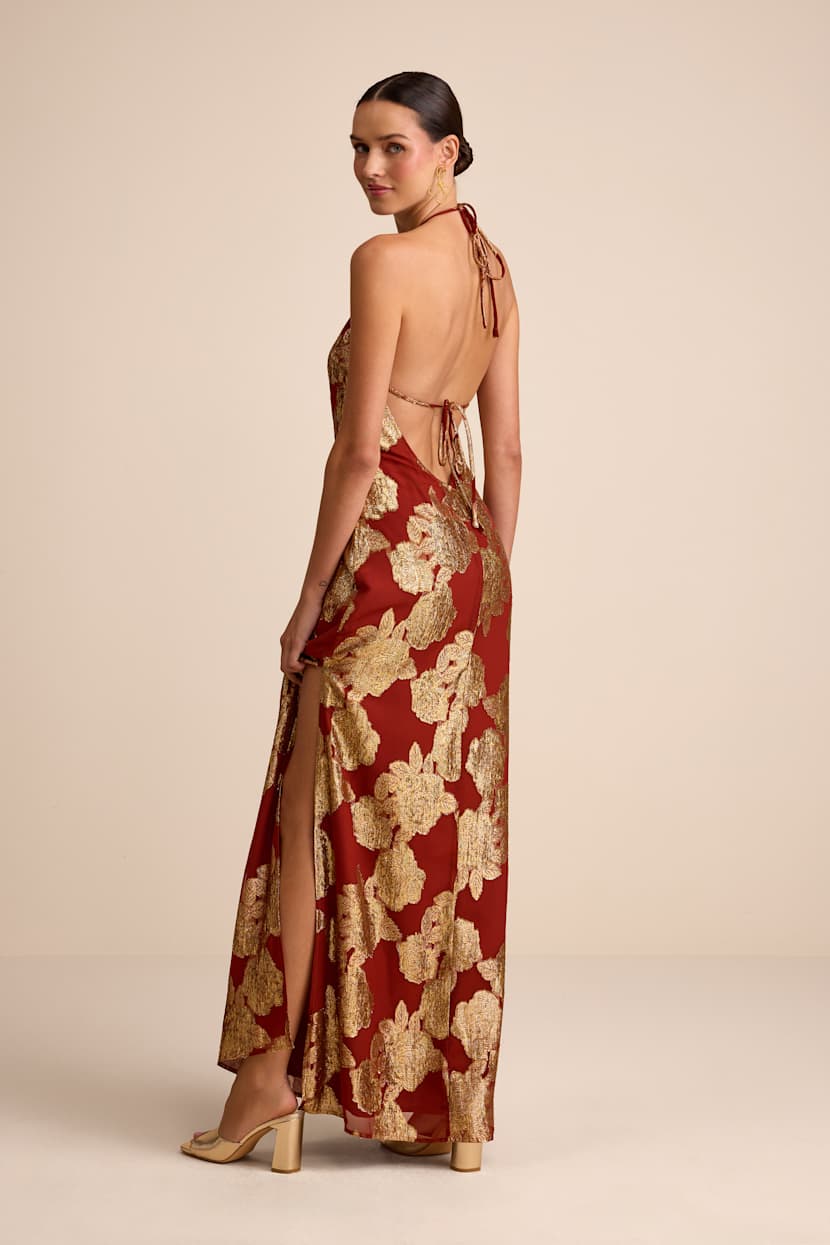 Gold Floral Jacquard Halter Maxi Dress | Womens | X-Large (Available in XS, S, M) | 100% Cotton | Lulus Gold Floral Jacquard Halter Maxi Dress | Womens | X-Large (Available in XS, S, M) | 100% Cotton | Lulus