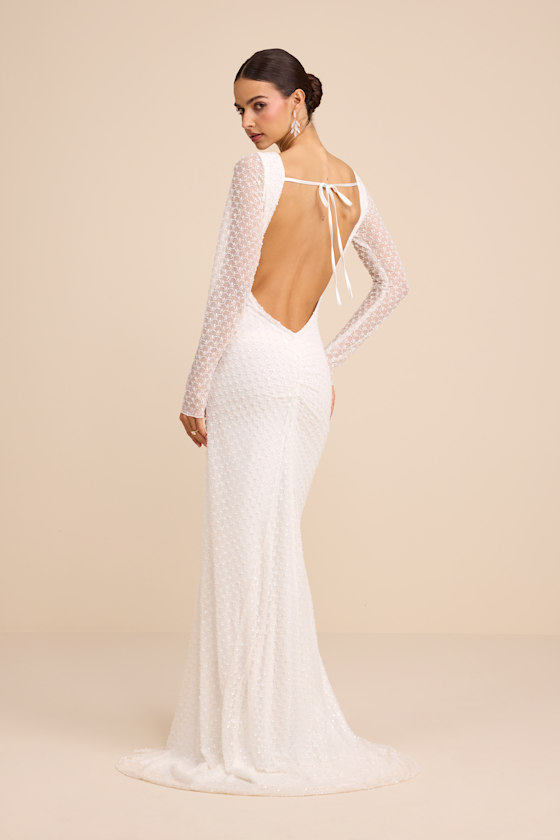 Mariani White Sequin Beaded Backless Long Sleeve Maxi Dress