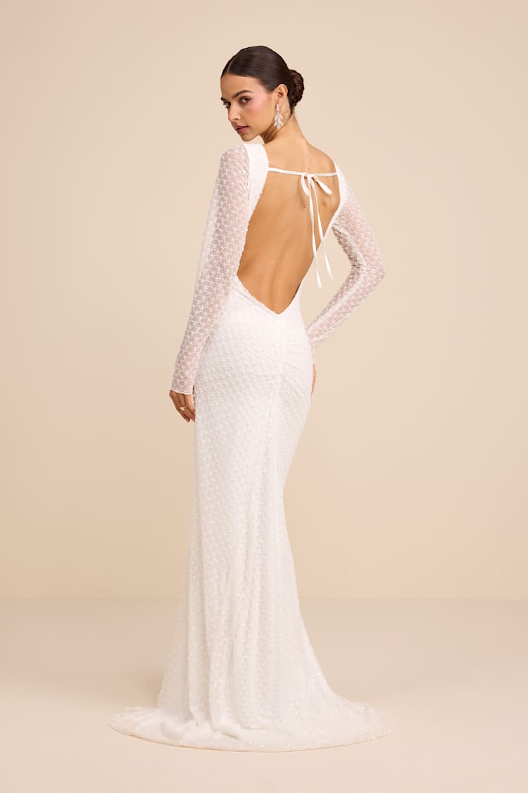 princess polly baby blue dress White Sequin Beaded Backless Long Sleeve Maxi Dress | Womens | X-Small (Available in S, M, L) | 100% Polyester