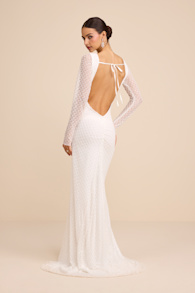 Mariani White Sequin Beaded Backless Long Sleeve Maxi Dress 1