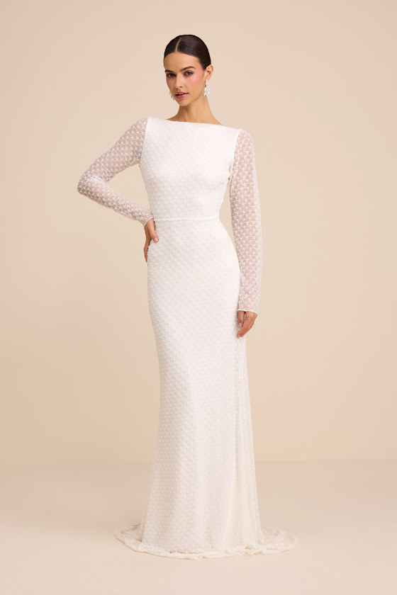 Mariani White Sequin Beaded Backless Long Sleeve Maxi Dress 2