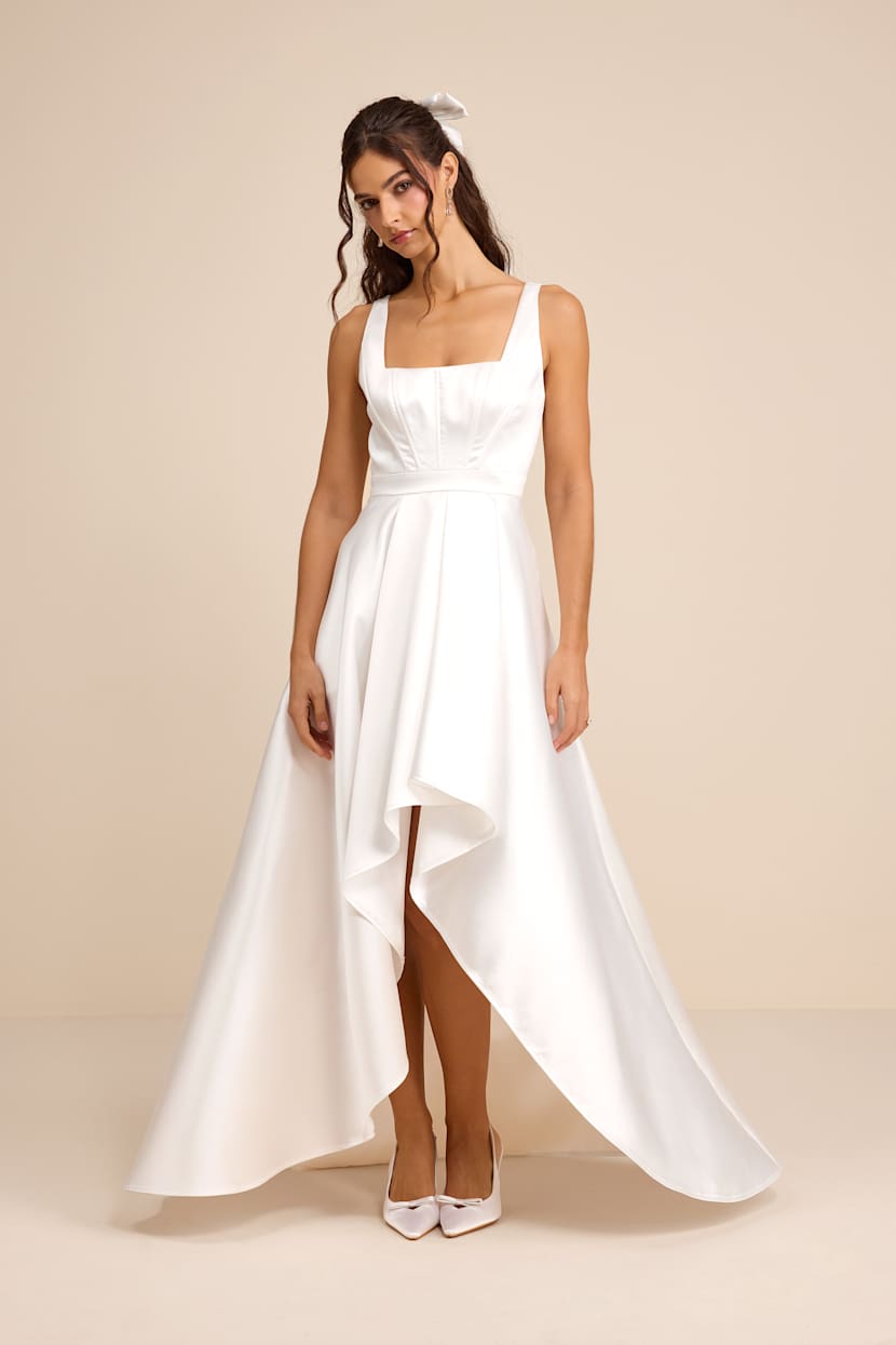 white high low dresses formal MACloth Halter High Low Satin Prom Dress Ivory Wedding Party Formal Gown US16W / Custom Color