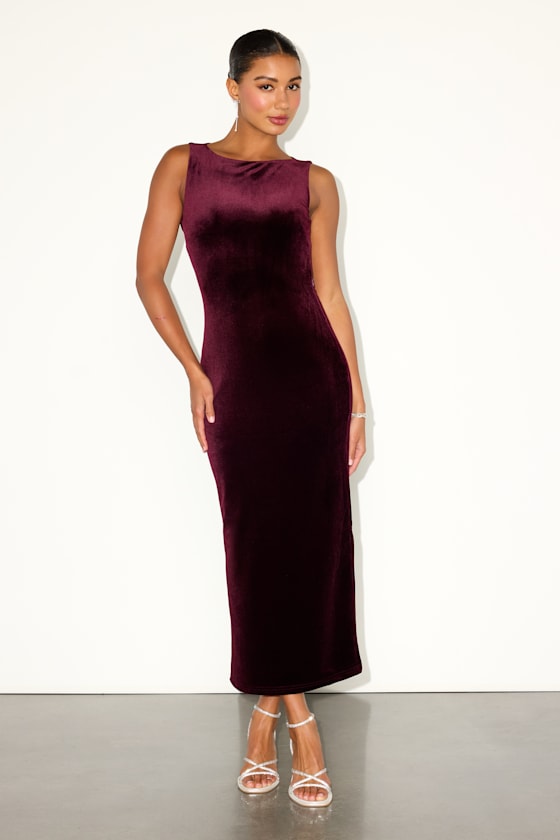 Burgundy Velvet Midi - Backless Midi Dress - Boat Neck Midi Dress