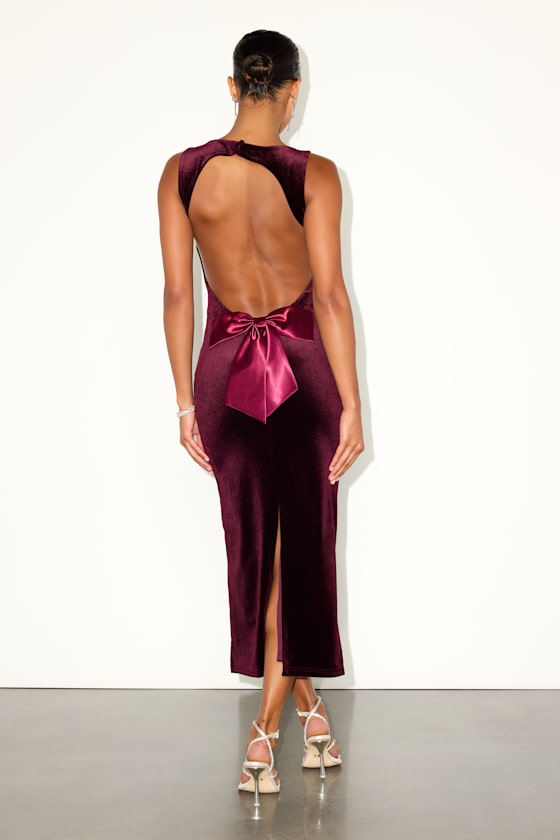 Burgundy Velvet Midi - Backless Midi Dress - Boat Neck Midi Dress