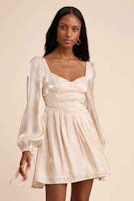 Lirenda Shiny Champagne Balloon Sleeve Tie-Back Mini Dress 1