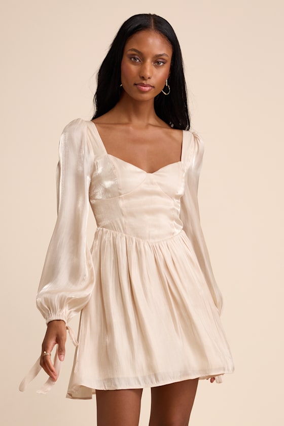 Lirenda Shiny Champagne Balloon Sleeve Tie-Back Mini Dress 1