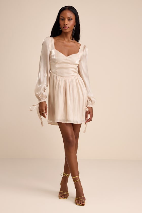 Shiny Champagne Dress - Tied Balloon Sleeve Dress - Skater Dress