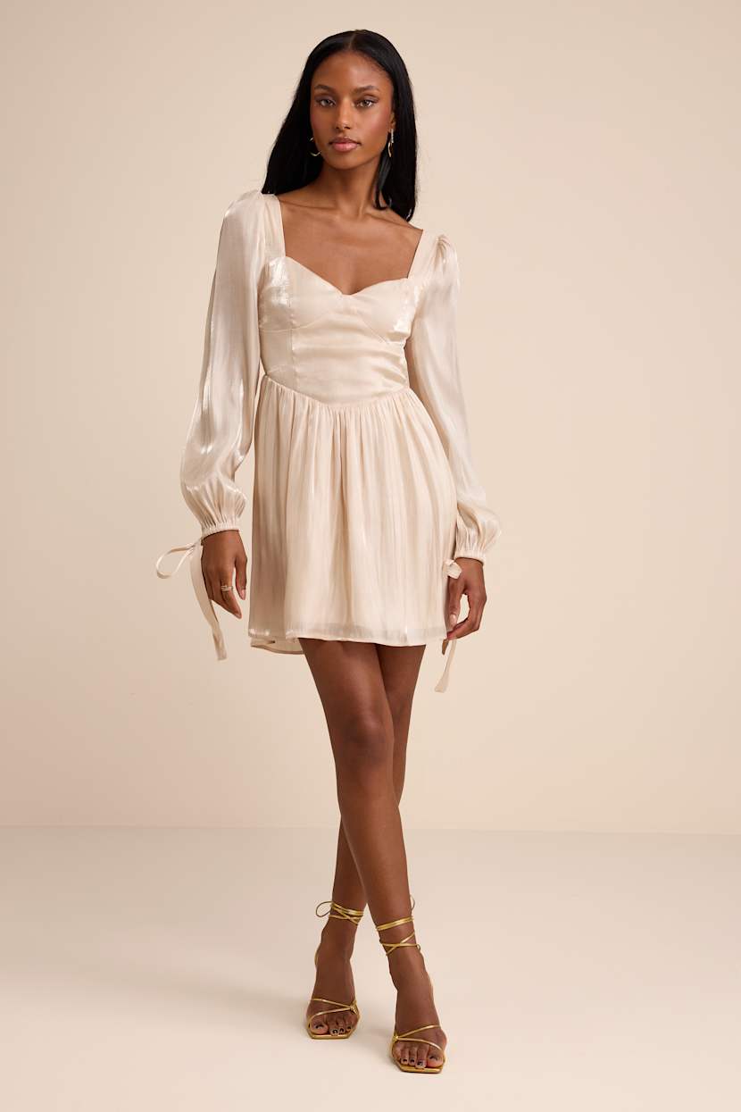 Champagne Balloon Sleeve Tie-Back Mini Dress | Womens | Large (Available in XS, S, M, Xl) | 100% Polyester | Lulus