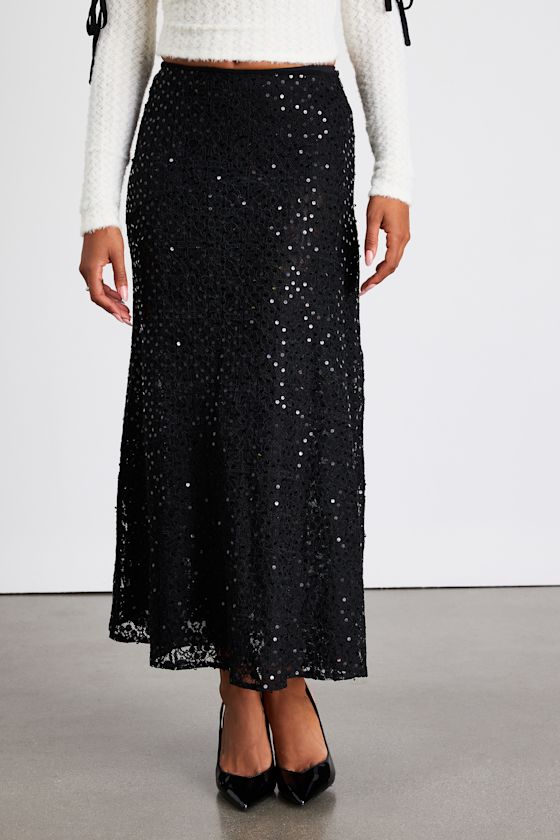 Isabelle Black Lace Sequin High-Rise Maxi Skirt 2