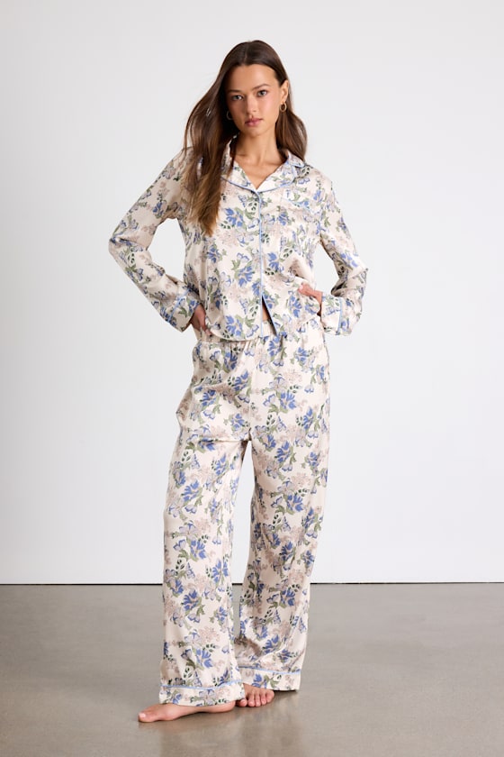 Galette Cream Multi Floral Satin Two-Piece Pajama Set 1
