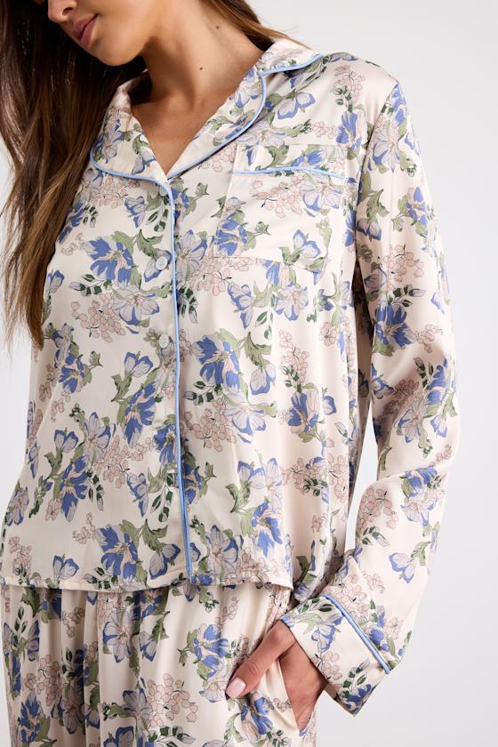 Galette Cream Multi Floral Satin Two-Piece Pajama Set 2