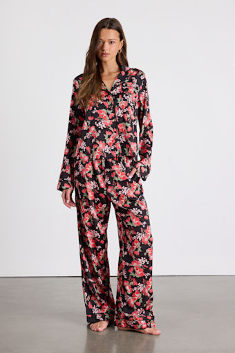 Galette Black Multi Floral Satin Two-Piece Pajama Set 1