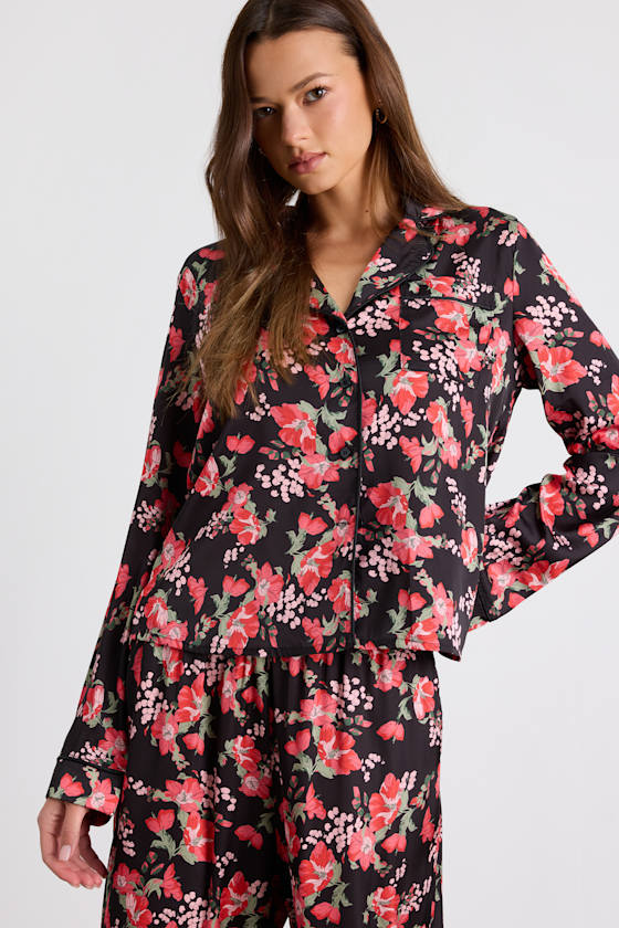 Galette Black Multi Floral Satin Two-Piece Pajama Set 2