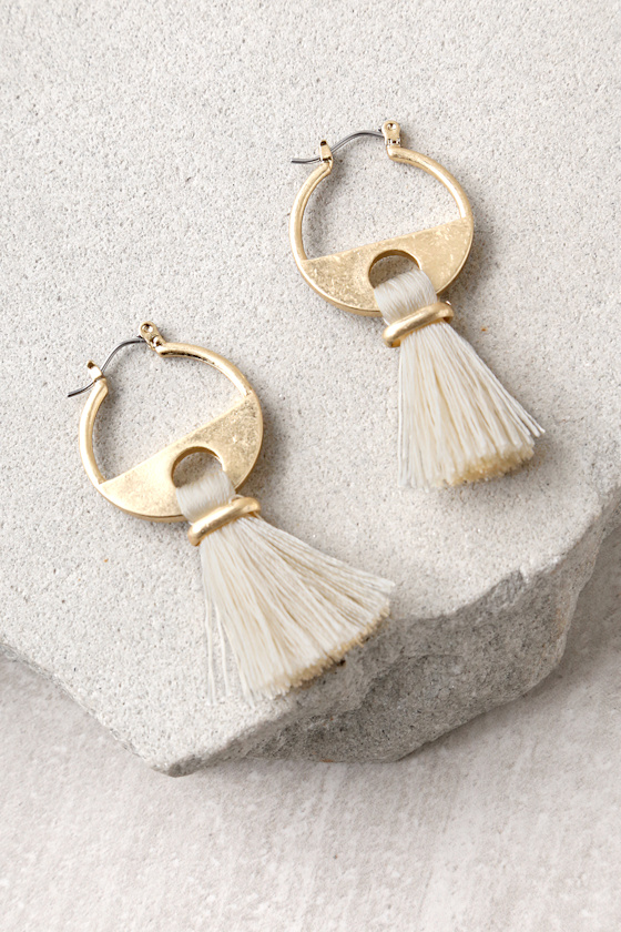 Chic Gold and Cream Tassel Earrings Geometric Earrings Lulus
