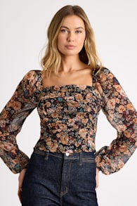 Mood Setter Black and Orange Floral Print Ruched Long Sleeve Top 1