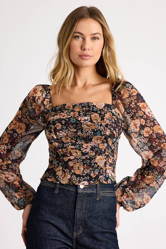 Mood Setter Black and Orange Floral Print Ruched Long Sleeve Top 1
