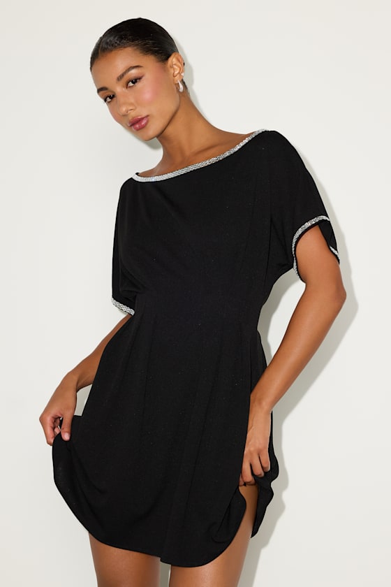 Dessen Black Rhinestone Trim Short Sleeve Mini Dress 2