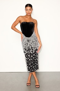 Renessa Black and Silver Velvet Sequin Strapless Midi Dress 1