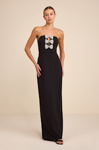 Jovia Black Rhinestone Bow Strapless Maxi Dress 1
